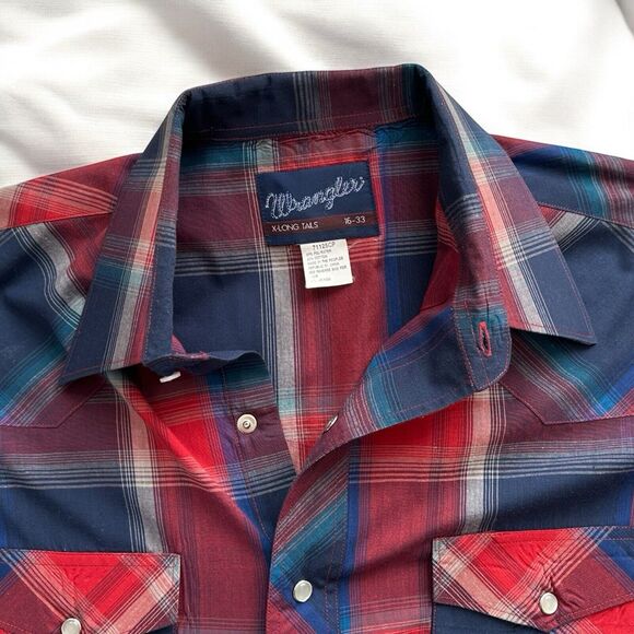 VTG Wrangler Western Plaid Cowboy Rodeo Pearl Snap Shirt Mens 16-33 X-Long Tails - Picture 5 of 11